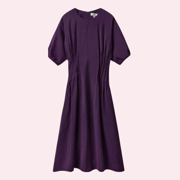 COS Purple Puff Sleeve Gathered Pintuck Pleated Midi Dress Size 4 - Picture 1 of 7